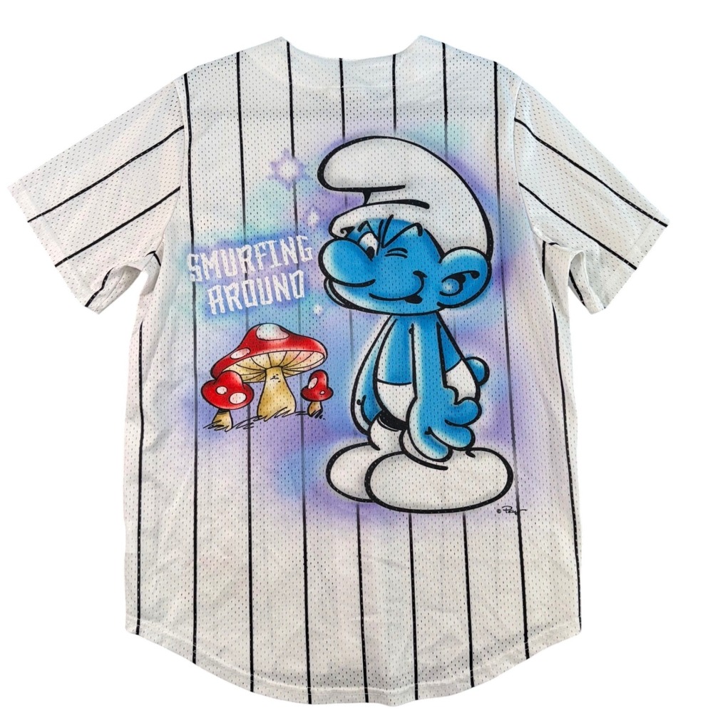 Smurfs Baseball Jersey Mens L White‎ Pinstripe Button Up Y2K Cartoon Nostalgia